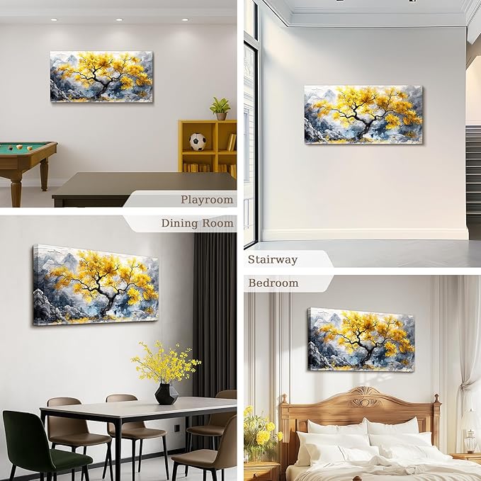 crmotu Tree of Life Large Wall Art, Chinoiserie Scenic Ink Paintings, Mountain Tree Landscape Artwork for Walls, Abstract Watercolor Modern Wall Decor Living Room Bedroom Office Art Prints 20x40inch