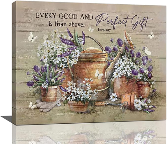 Country Bathroom Flower Wall Art Farmhouse Lavender Wall Decor Rustic Scripture Sign Canvas Painting Artwork Home Decorations for Man Teenager Office Bedroom Living Room Bathroom 24"x20"