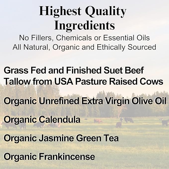 Beef Tallow for Skin, Frankincense - 100% Grass Fed Tallow Moisturizer for Face, Organic Body Butter, Rosacea, Eczema, Babies (Herb-Infused/Unscented) 2 oz