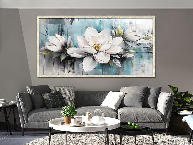 Ardemy Rustic Flower Wall Art Framed White Floral Canvas Painting Magnolia Textured Picture Teal Grey Artwork for Living Room Bedroom Dining Room Home Office Wall Decor, Large 48"x24"