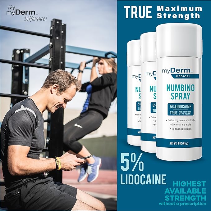 Myderm Medical Numbing Spray - 4.5oz - Maximum Strength 5% Lidocaine with Phenylephrine HCl and Witch Hazel - Fast-Acting Reliever with A Touch-Free Application - First Aid Supplies - Made in USA