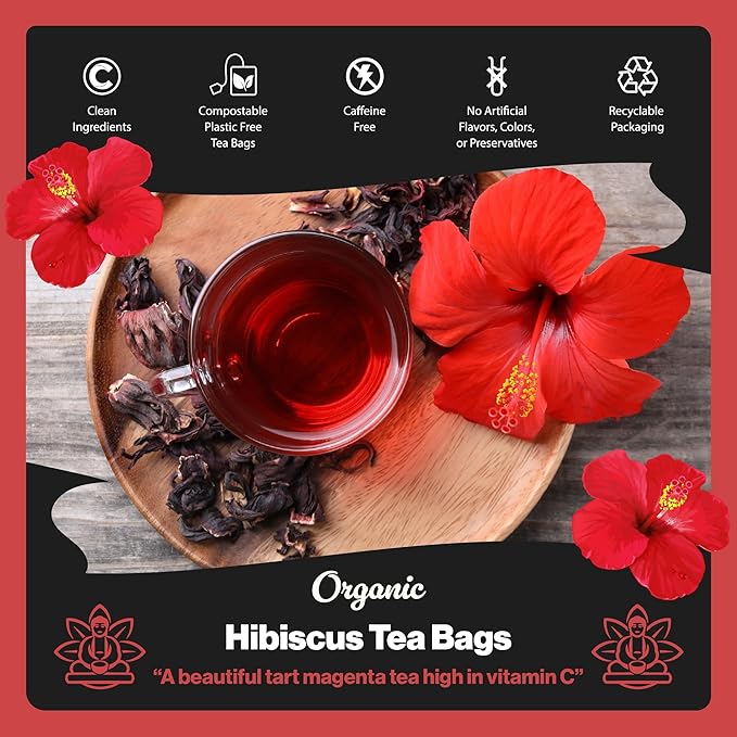 Buddha Teas - Organic Hibiscus Tea Bags - For Health & Wellbeing - With Antioxidants & Vitamin C - Clean Ingredients - Caffeine Free - OU Kosher & Non-GMO - 100 Non-String Tea Bags (Pack of 1)