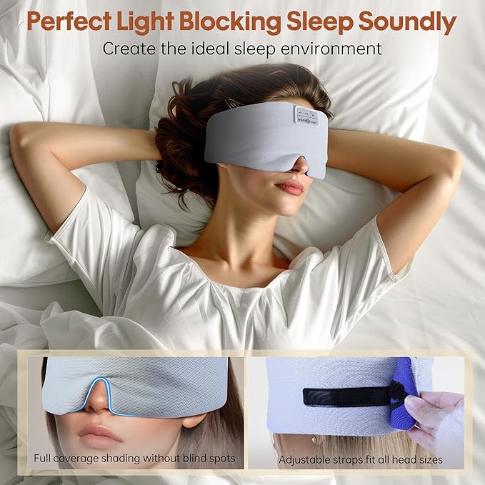 MUSICOZY Ice Silk Sleep Headphones with Bluetooth Mask, Eye Mask for Sleeping in Total Darkness, 5.4 Bluetooth Sleep Mask Sleep Headphones, Soft, Gifts for Men Women (Blue)