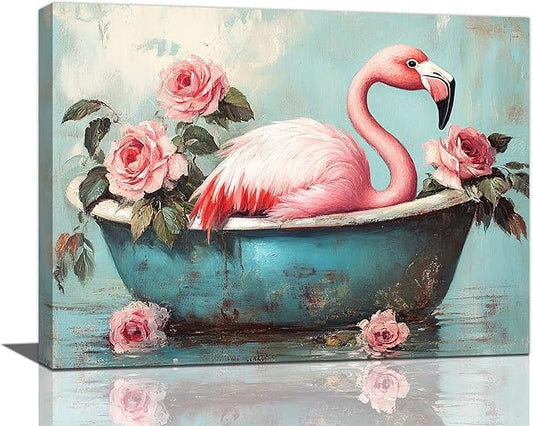 Olivine Flamingo Wall Art, Funny Animal Bathtub Pictures Wall Decor, Vintage Flamingo Bathroom Painting Tropical Animal Canvas Prints, Framed Artwork for Bedroom Living Room Office Home 16"x12"