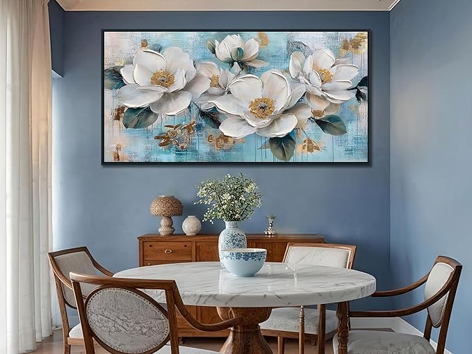 Ardemy Flower Wall Art for Living Room，White Gold Floral Canvas Framed Wall Art Painting Artwork Bedroom Picture Wall Decor Home Office 40"x20"