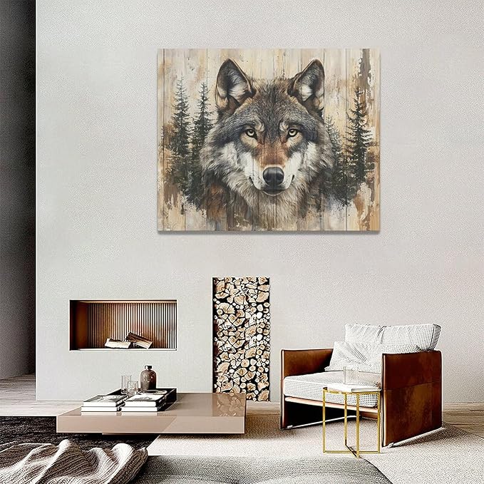 Vintage Wolf Wall Art Farmhouse Wildlife Wall Decor Country Animal Pictures Canvas Painting Artwork Home Decorations for Living Room Bedroom Bathroom Office 20"x16"