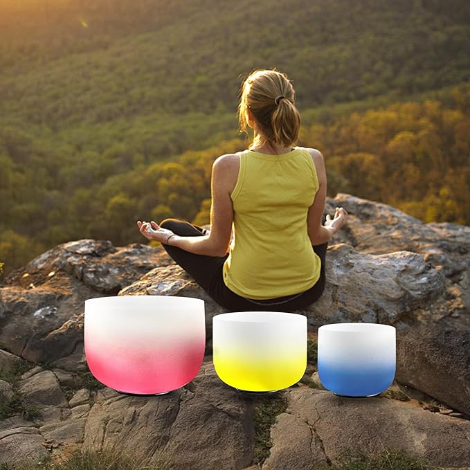 8-12 Inch Set of 3 Gradient Design Quartz Crystal Singing Bowl Chakra Set with Free Carrying Case and Suede Sticker & O-ring