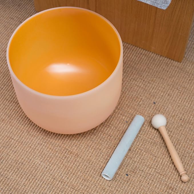 Leize Quartz Crystal Singing Bowl 432hz D Note Sacral Chakra Navel Chakra Orange 11" with Suede Striker