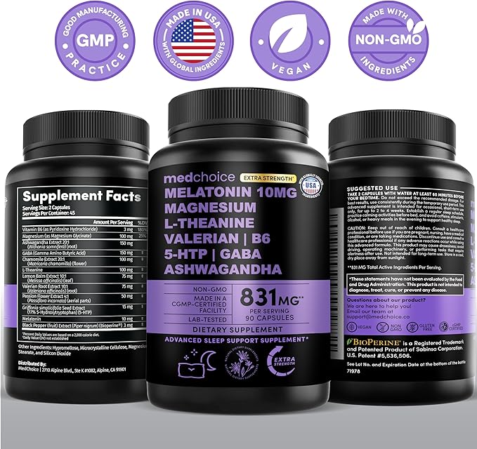 12-in-1 Melatonin Sleep Capsules - 10mg Melatonin Extra Strength with Magnesium and Balanced Blend of Ashwagandha, GABA, Chamomile Extract, L-Theanine & Valerian Root 10:1 Extract (90ct, Pack of 2)
