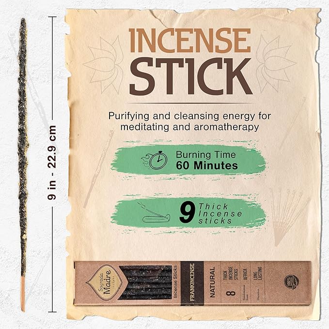8 pcs Wildly Harvested Thick - Natural Frankincense Incense Sticks, 9” - Eco Friendly, Aromatic Non Toxic Incense Sticks (1hr Burning Time) to Heal & Purify Your Body and Surroundings