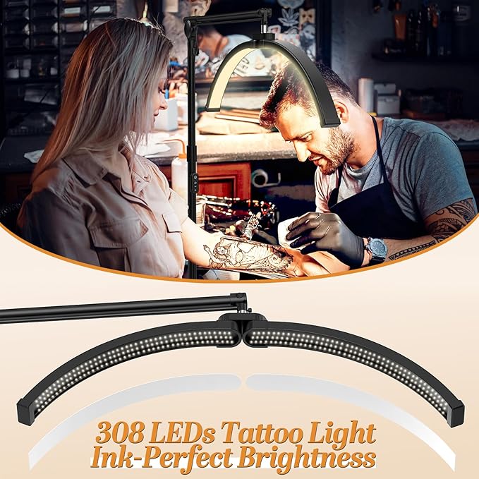 Esthetician Light, 3-Color Dimmable Lash Lamp, 308 LED Beads Shadowless Half Moon Light, Lash Foldable Floor Lamp with 360° Rotation for Beauty, Tattoo, Spotlight, Reading