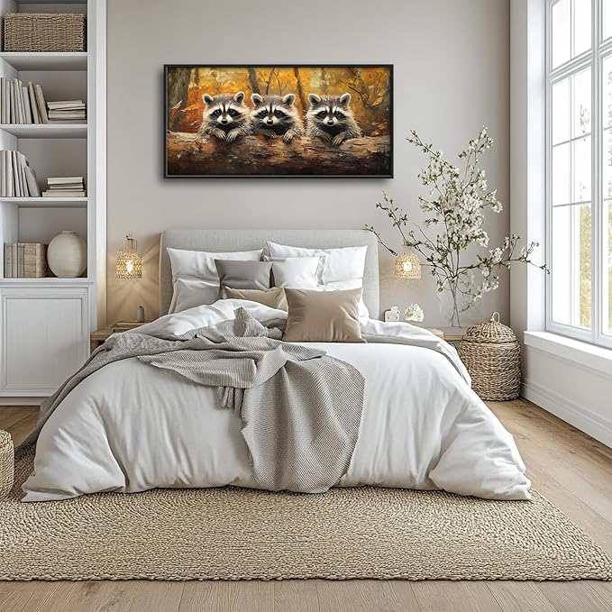 Raccoon Wall Art Raccoons Pictures Wall Decor Abstract Fall Large Master Over Above Bed Canvas Prints Autumn Horizontal Modern Artwork Painting Home Office Decorations For Kitchen Bedroom 30"x60"