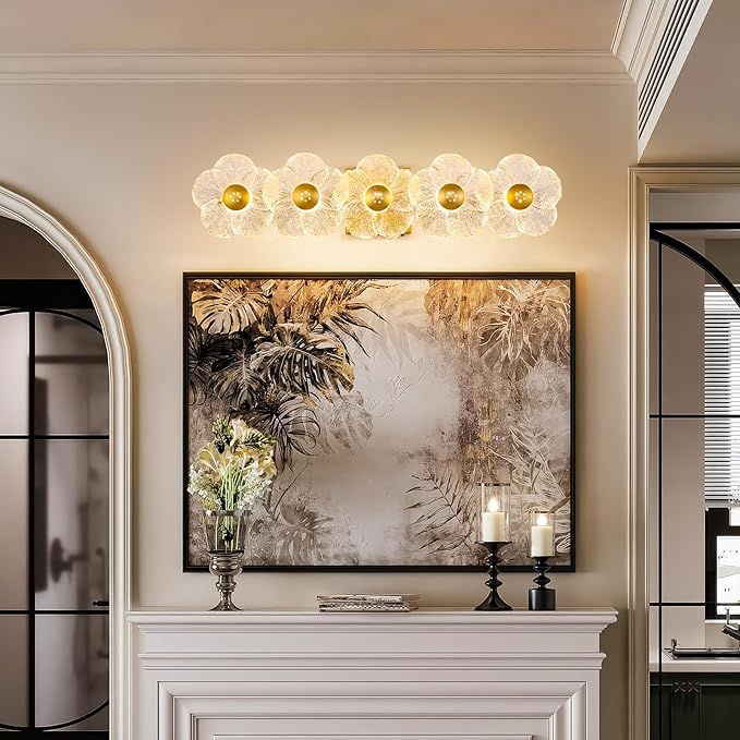 MantoLite Bathroom Light Fixtures Modern Vanity Light Over Mirror Adjustable 3000K-6000K Picture Lights Art Light with Floral Clear Glass Shades for Living Room Bedroom Wall Sconces (5 Light Gold)