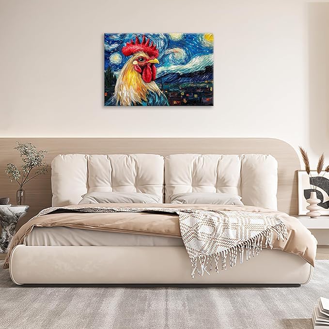 Olivine Rooster Wall Art, Vintage Chicken Pictures Wall Decor, Starry Night Painting Farmhouse Rooster Canvas Prints, Framed Artwork for Bathroom Bedroom Living Room Office Home Decoration 24"x16"