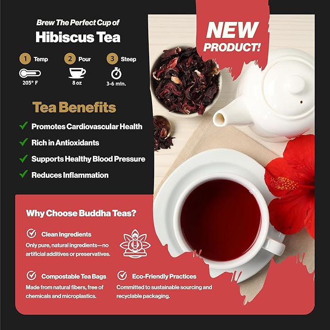 Buddha Teas - Organic Hibiscus Tea Bags - For Health & Wellbeing - With Antioxidants & Vitamin C - Clean Ingredients - Caffeine Free - OU Kosher & Non-GMO - 100 Non-String Tea Bags (Pack of 1)