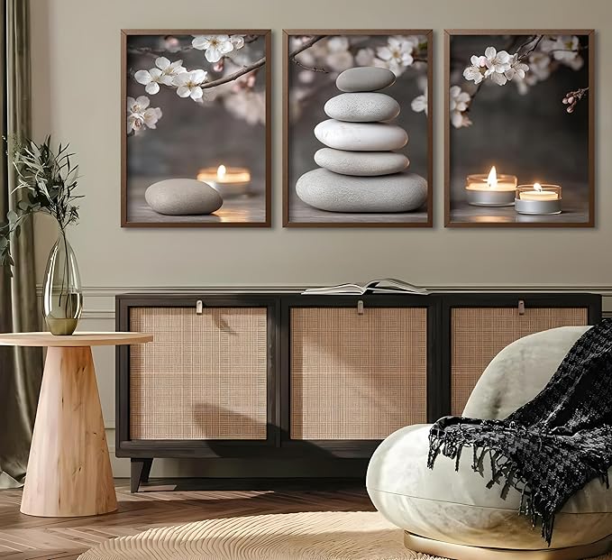 ZHJIOFXG Zen Flowers Wall Art, Zen Cherry blossoms Painting Picture Wall Decor, Stones Candlelight Poster Print, Calm Relaxation Meditation Artwork for Office Living Room Bedroom 16x24 in Unframed
