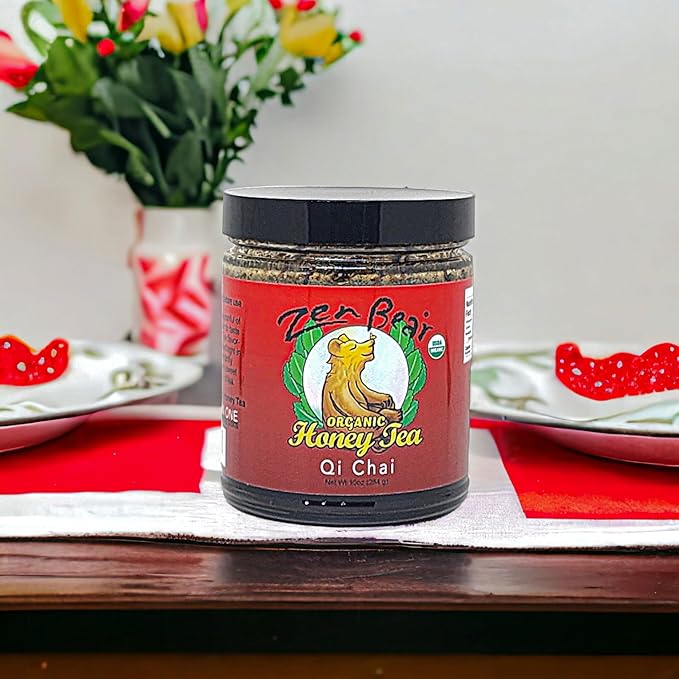 Zen Bear Organic Qi Chai Honey Tea - Rich India-Inspired Flavor Infused with Premium Black Tea, Cinnamon, Cardamom, Cloves, and Black Pepper, Sweetened Naturally with Raw Honey | 10 Oz Jar