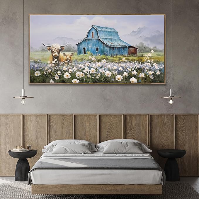 Anolyfi Barn Farmhouse Canvas Wall Art for Living Room, Highland Cow Picture and Country Chic Landscape Farm Painting Turquoise Artwork for Bedroom Office Hallway Home Decor, Wood Framed 58"x29"