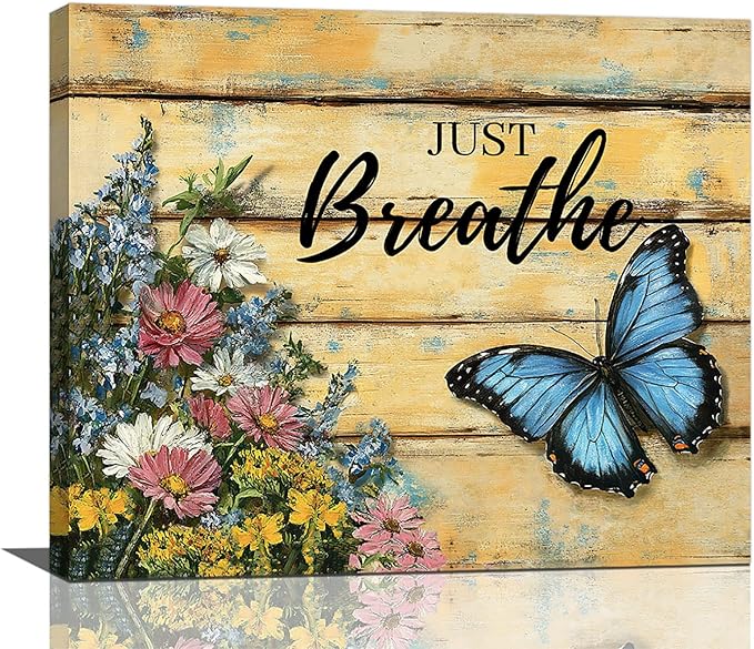 Olivine Butterfly Wall Art, Butterflies Flower Pictures Wall Decor, Just Breathe Painting, Vintage Farmhouse Canvas Prints, Framed Artwork for Living Room Bedroom Bathroom Kitchen Office Home 24"x20"