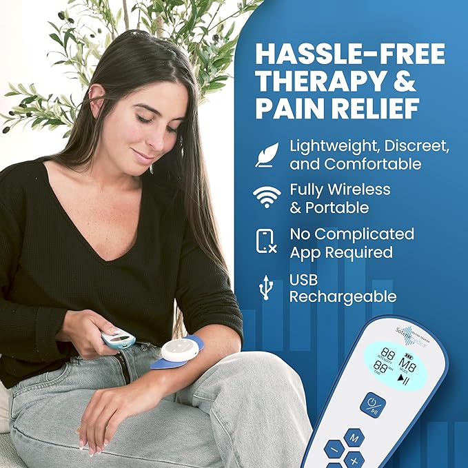 PainX TENS Wireless Tens Unit Muscle Stimulator with EMS - FSA Tens Unit for Back Pain, Knee, Neck and Face with USB Rechargeable Device and Remote, Designed in USA, 4 Electrode Pads