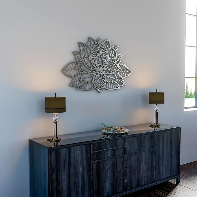 Colorfull Worlds Mandala Metal Wall Decor, Lotus Flower Meditation Room Decor, Minimalist Zen Garden Bohemian Gift for New Year (26.3" x 17" | 67 x 43 cm, Silver)