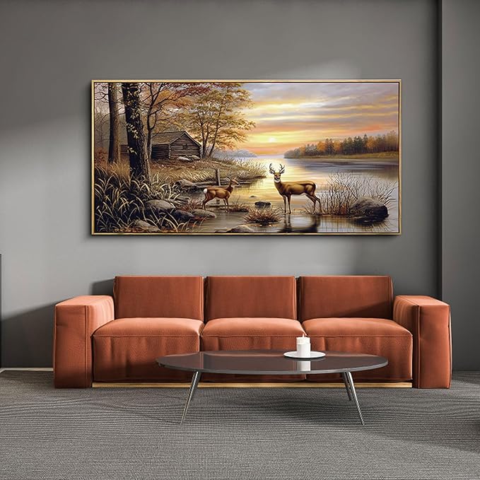 yiijeah Deer Pictures Wall Decor - Autumn Rustic Forest Cabin Painting Prints Wildlife Pictures Animal Elk Poster Oversize Canvas Wall Art Modern Hunting Decor Framed Artwork for Walls