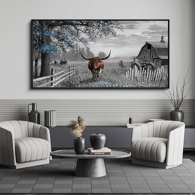 yiijeah Western Decor for Home - Large Pictures Wall Decor Living Room Modern Rustic Farmhouse Framed Wall Decor Prints Highland Cow boho Longhorn Decor Bedroom Canvas Artwork for Walls