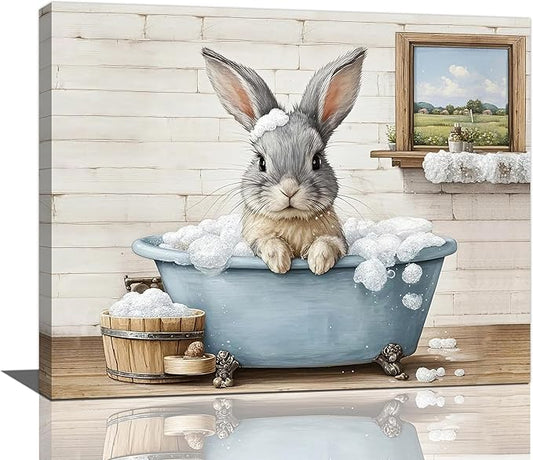 Farmhouse Bunny Bathroom Decor Wall Art Rabbit Pictures Canvas Prints Rustic Country Bathroom Painting Artwork Easter Decoration Framed Gifts for Women Girl Restroom Toilet 16"x20"