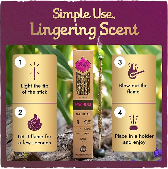 Sargada Madre - 8 Natural Patchouli Incense Sticks, 9 Inches Each - Aromatherapy Sticks for Protection, Love & Prosperity - Purify Your Space & Attract Positive Energy - Extended 1 Hour Burn Time