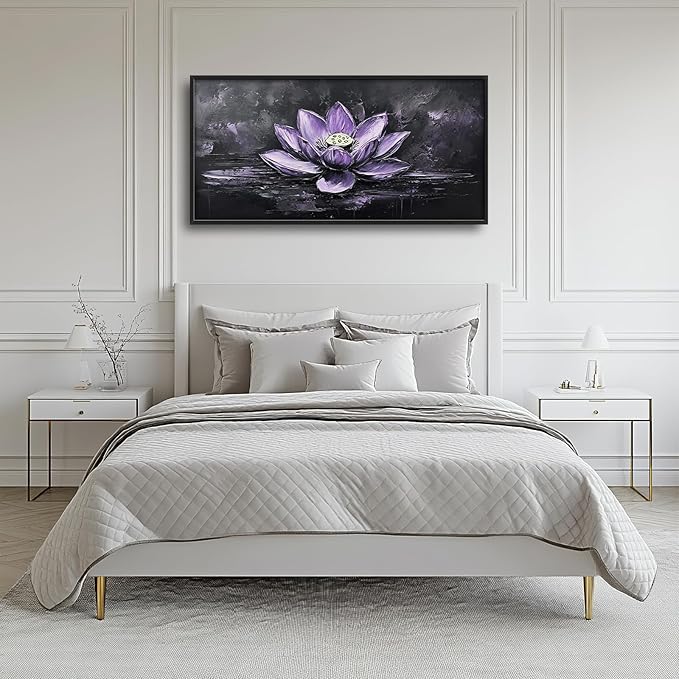 Kylora Lotus Wall Art Purple Lotus Flower Pictures Wall Decor Zen Meditation Large Master Over Above Bed Canvas Prints Horizontal Modern Artwork Painting Home Office Decorations For Bedroom 30"x60"