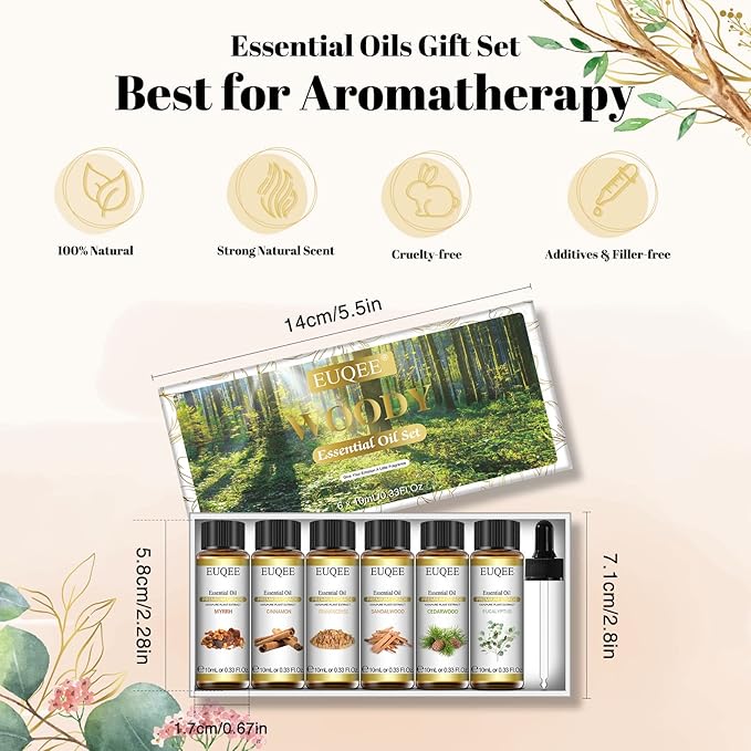 10ml Woody Essential Oils Set - Pure & Nature Essential Oils for Aromatherapy, Diffuser, Candle Making, Massage - Eucalyptus, Cedarwood, Sandalwood, Frankincense, Cinnamon