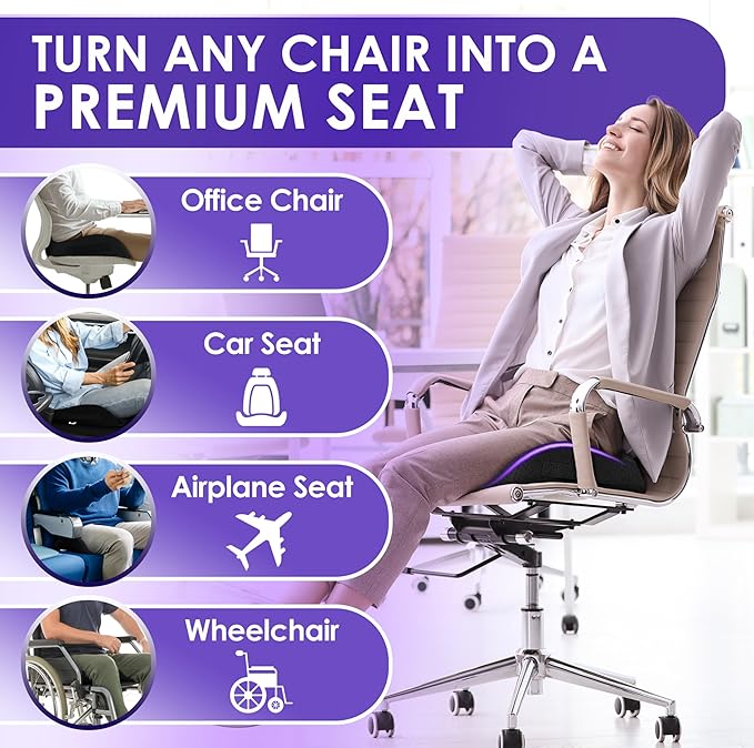 Pressure Relief Seat Cushion for Tailbone Pain – X Large Office Chair Cushion for Back Pain, Coccyx & Sciatica Pain Relief Pillow. Memory Foam Seat Cushions for Office Chairs + Extra Cover (Green)