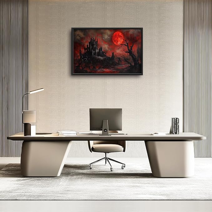 Large Gothic Spooky Haunted House Framed Wall Art for Living Room Dark Academia Castle Pictures Wall Decor Goth Print Painting Artwork Home Decorations for Gothic Room Bedroom Office 36x24 inch