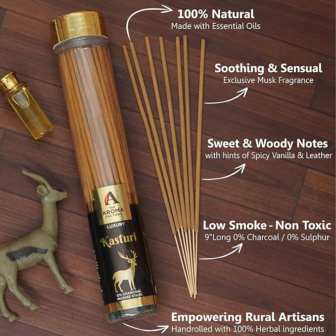 The Aroma Factory Kasturi Musk Agarbatti, Calmness of Musk Aroma with Low & Zero Charcoal (Bottle Pack of 1 100g)