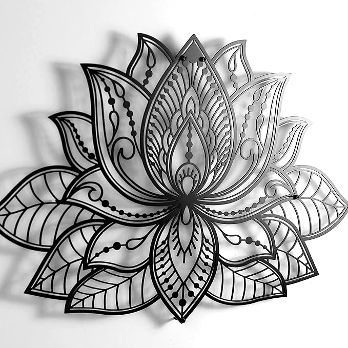 Colorfull Worlds Mandala Metal Wall Decor, Lotus Flower Meditation Room Decor, Minimalist Zen Garden Bohemian Gift for New Year (17" x 11" | 43 x 27.5 cm, Black)