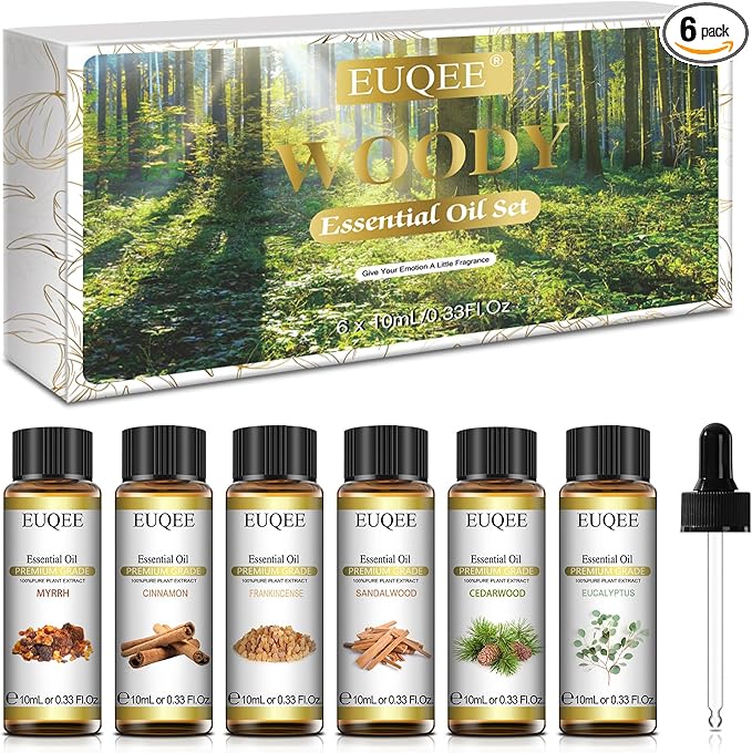 10ml Woody Essential Oils Set - Pure & Nature Essential Oils for Aromatherapy, Diffuser, Candle Making, Massage - Eucalyptus, Cedarwood, Sandalwood, Frankincense, Cinnamon