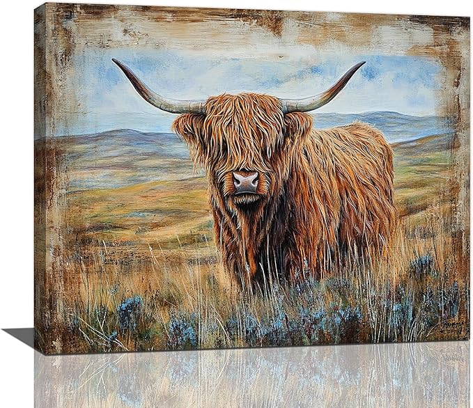Olivine Highland Cow Wall Art, Rustic Farmhouse Cow Pictures Wall Decor, Country Painting Canvas Prints, Framed Artwork for Bathroom Bedroom Living Room Office Home Decoration 20"x16"