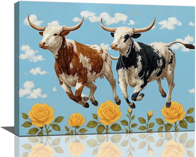 Longhorn Cow Wall Decor Funny Cow Canvas Wall Art Cute Cattle Pictures Painting Artwork Framed Decoration for Bedroom Bathroom Living Room Kitchen Dining Room Office 12"x16"