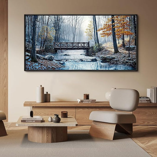 yiijeah Living Room Wall Art - Modern Wall Decor for Bedroom Office Decor Mountain Forest Landscapes Village Bridge Painting Framed Canvas Prints Ready to Hang Wall Pictures Home Decor
