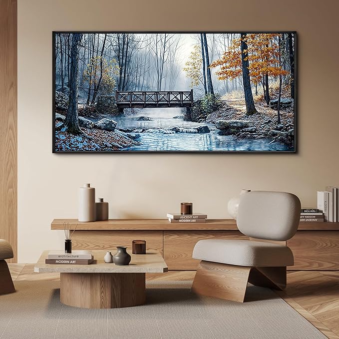 yiijeah Extra Large Living Room Wall Art - Modern Wall Decor for Bedroom Office Decor Mountain Forest Landscapes Village Bridge Painting Framed Canvas Prints Ready to Hang Wall Pictures Home Decor