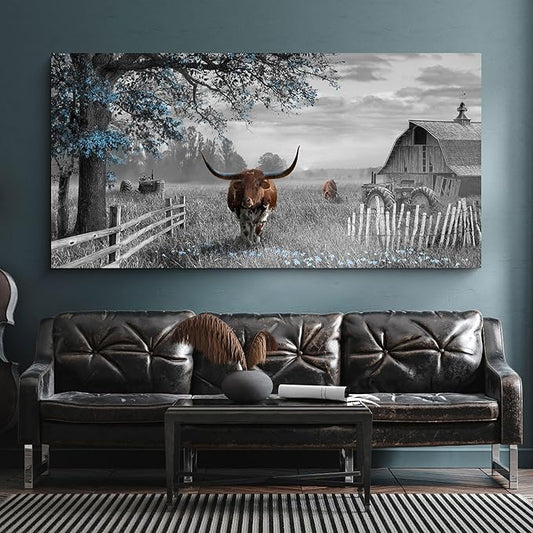 yiijeah Western Home Decor - Cow Picture Rustic Wall Art - 48x24 Inches Longhorn Wall Decor Living Room Bedroom Canvas Framed Artwork Farmhouse Wall Decor