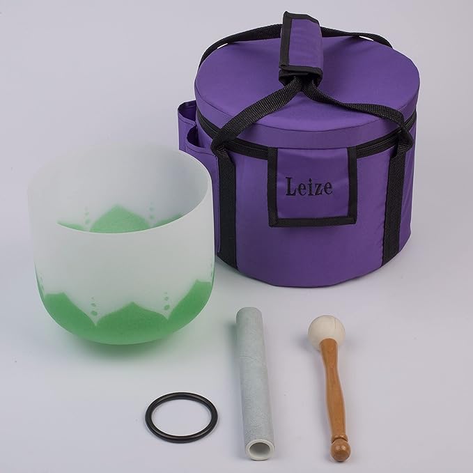 Leize Lotus Design Quartz Crystal Singing Bowl F Note 432 hz Heart Chakra White 8" with Heavy Duty Carrying Case Suede Striker