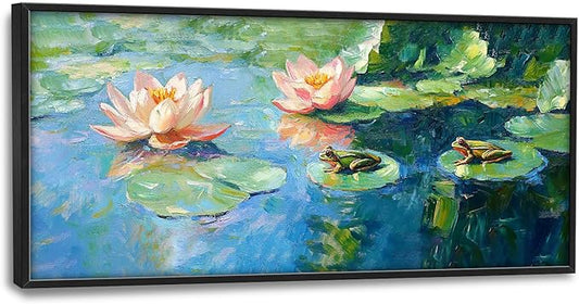 SweetFox Extra Large Frog Lilly Framed Wall Art for Living Room, Colorful Lotus Pictures Oversized Wall Decor Abstract Big Canvas Painting Print Home Artworks for Bathroom Master Bedroom 60L X 30W