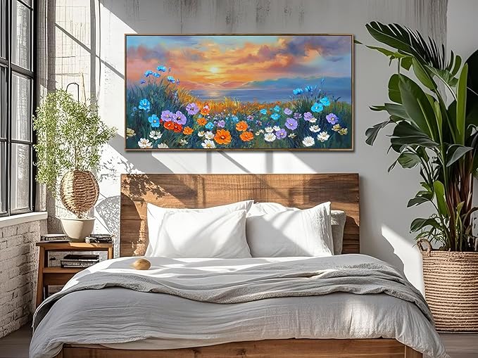 Ardemy Landscape Wall Art for Living Room Coastal Sunset Flower Canvas Bedroom Textured Floral Wildflower Blue Ocean Painting Nature Artwork Home Office Wall Decor, Wood Framed Large 40"x20"
