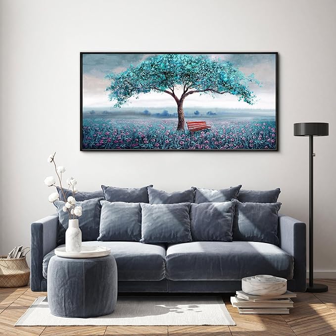 KLAKLA Large Tree Wall Art - Teal Blue Nature Tree of Life Abstract Canvas Painting for Living Room Modern Large Panoramic Landscape Framed Artwork for Bedroom Office Home Decor