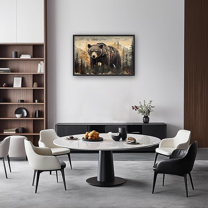 Cabin Wall Art for Living Room, Brown Bear Canvas Wall Decor, Large Wildlife Animal Pictures Framed Painting, Natural Landscape Artwork for Bedroom Office Home Decor 36L'' × 24W''