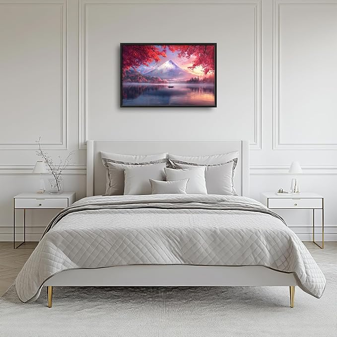 Japanese Mountain Lake Large Wall Art Pink Japan Pictures Wall Decor Nature Landscape Big Canvas Painting Prints Framed Artwork Home Decorations Above Bed for Bedroom Living Room Dining Room 36"x24"