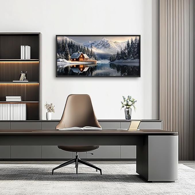 Winter Large Wall Art Mountain Lake Log Cabin Nature Pictures Wall Decor Landscape Canvas Prints Paintings Home Office Decorations Above Bed Framed Artwork for Living Room Dinning Room 60"x30"