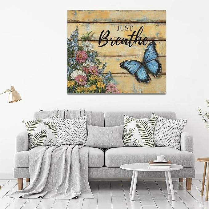 Olivine Butterfly Wall Art, Butterflies Flower Pictures Wall Decor, Just Breathe Painting, Vintage Farmhouse Canvas Prints, Framed Artwork for Living Room Bedroom Bathroom Kitchen Office Home 24"x20"