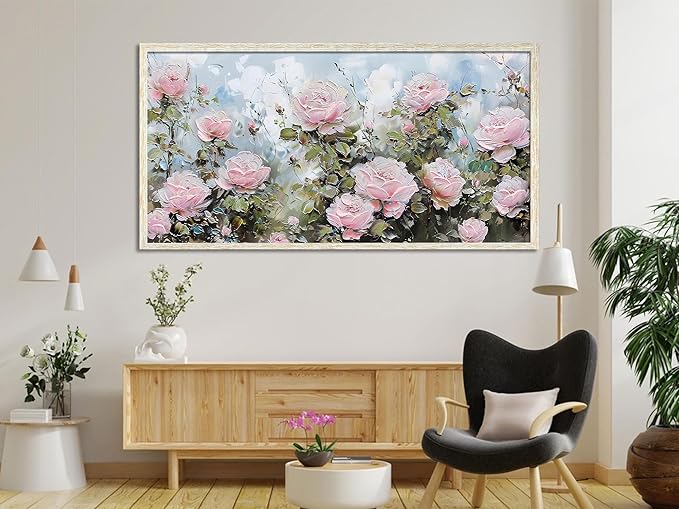 Ardemy Pink Rose Wall Art Canvas for Living Room Flower Painting Modern Textured Floral Bedroom Picture Artwork Framed Home Office Kitchen Decor, Extra Large 58"x29"